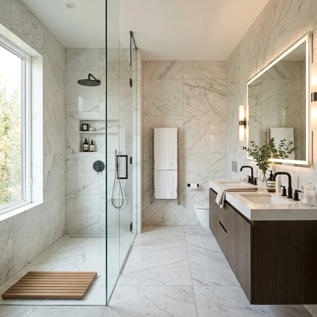 Modern bathroom with floor-to-ceiling tiles