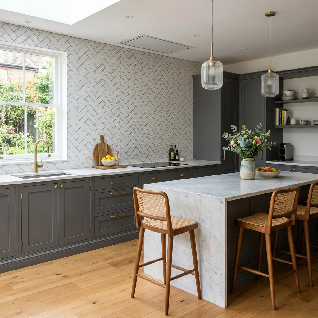Herringbone splashback tiling in a kitchen