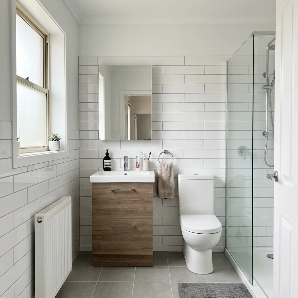 Renovated bathroom with large-format wall and floor tiles