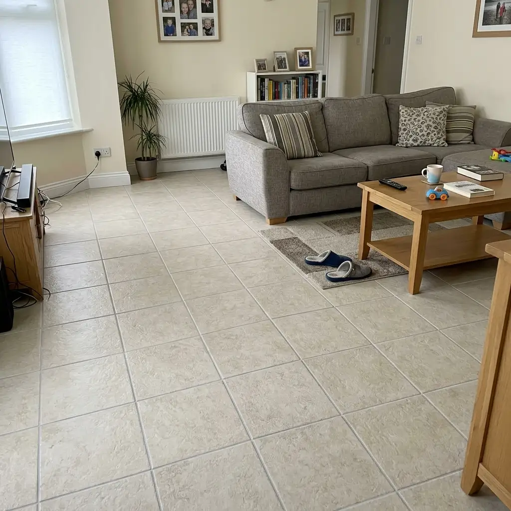 Large-format porcelain floor tiles installed in an open living space