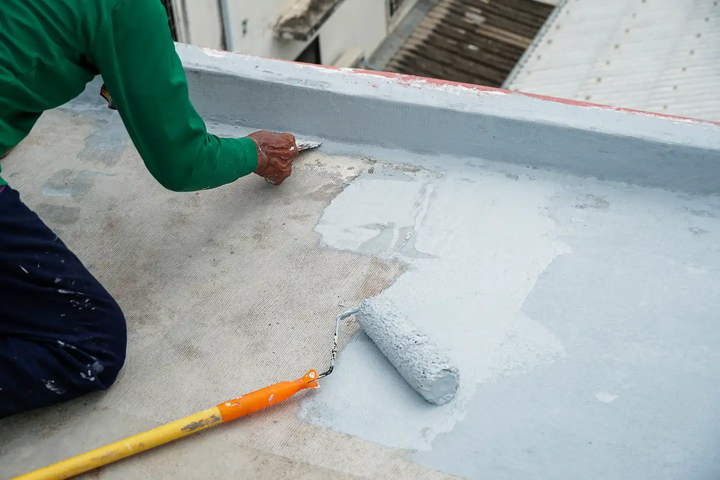 Wet area with waterproof membrane applied before tiling